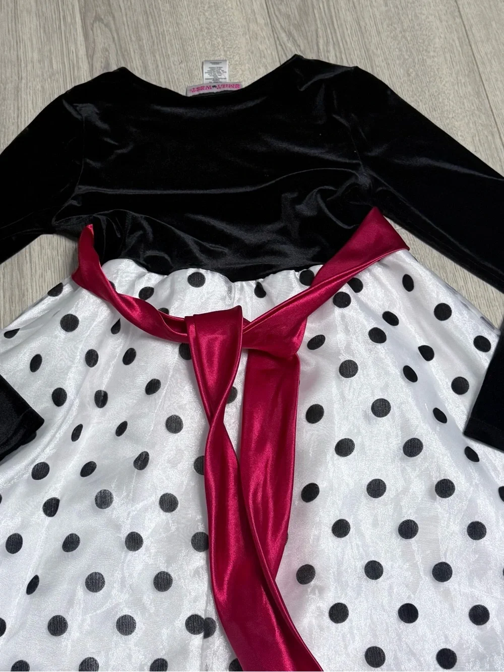 Emily West Black Velvet & White Polka Dot Party Dress with Berry Sash